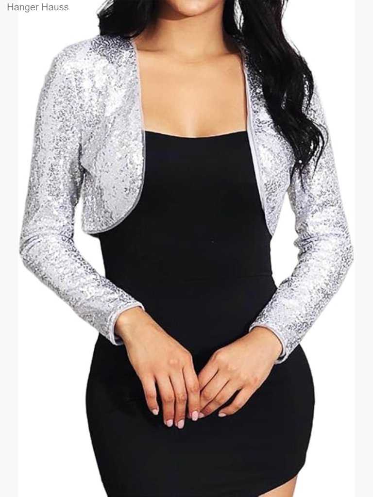 Sequin Jacket Evening Shrugs Long Sleeve Open Front Cropped Bolero For Formal